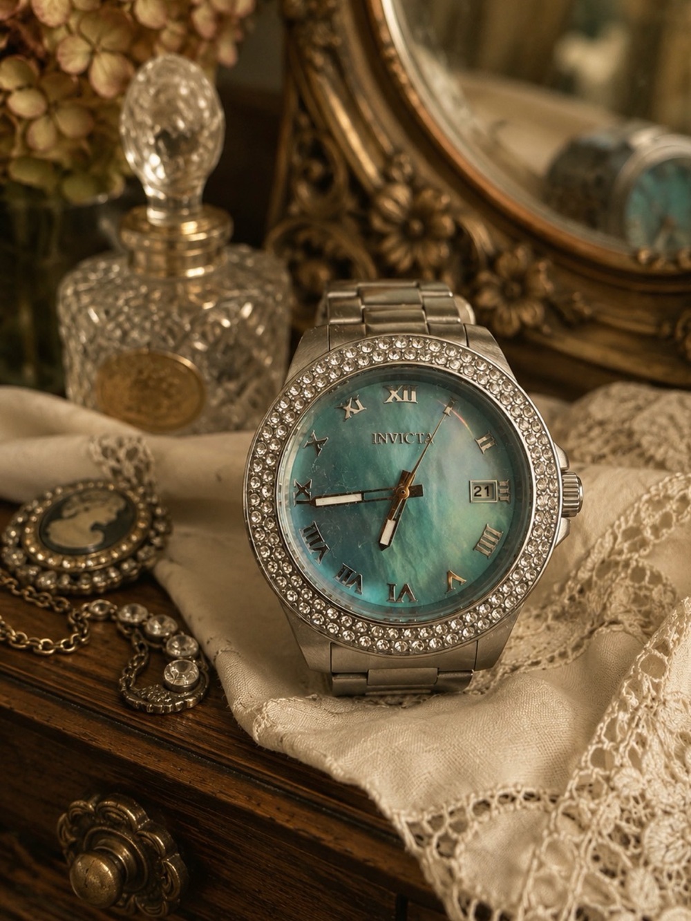 Invicta Silver Watch with Blue-Green Mother-of-Pearl Dial and Crystal Bezel